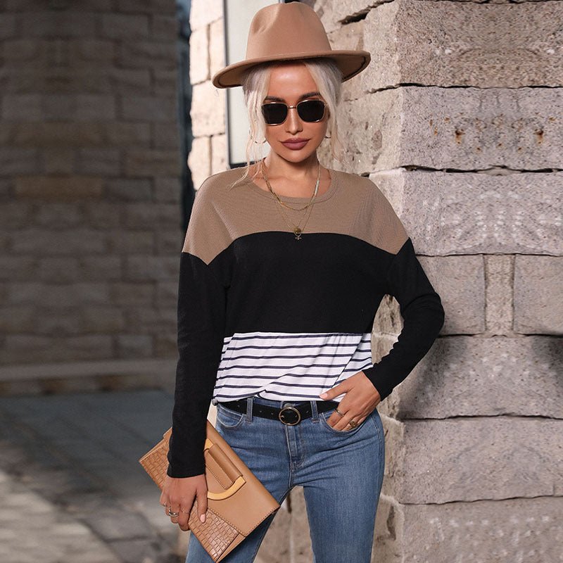 Women's Long Sleeve Panelled Loose Striped Knit Sweater - Blu Pepper Boutique