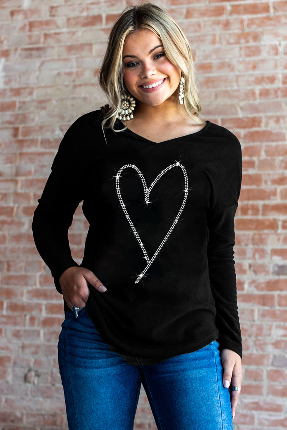 Black Rhinestone Heart Shaped V Neck Long Sleeve Top