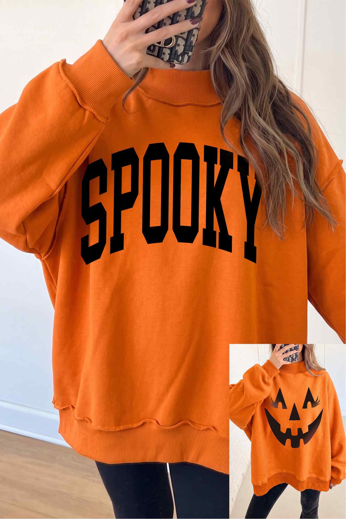 Carrot Oversize Halloween Print Mock Neck Reversible Sweatshirt - Blu Pepper Boutique