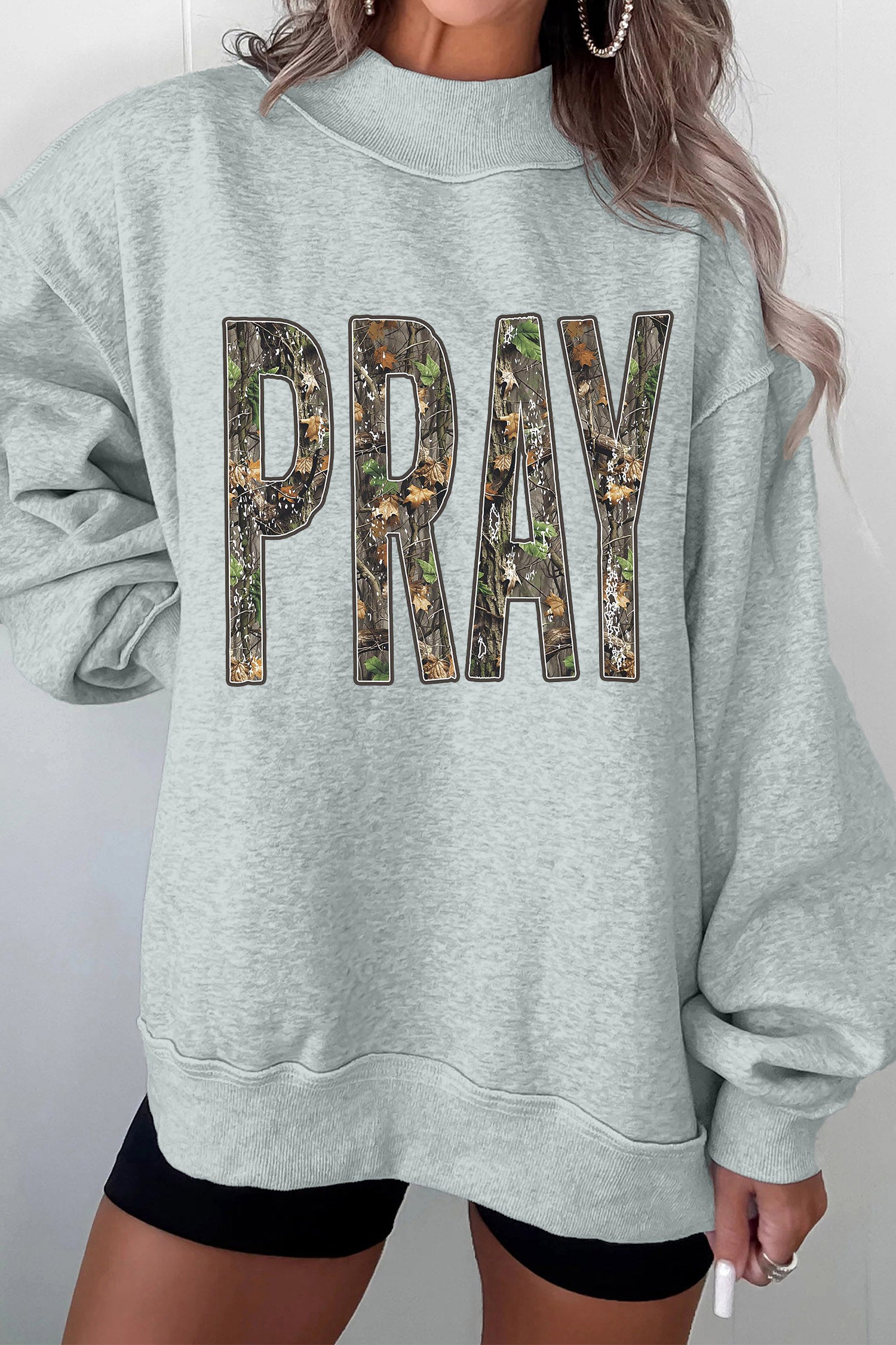 Gray Camouflage Letter Print Mock Neck Baggy Pullover Sweatshirt - Blu Pepper Boutique