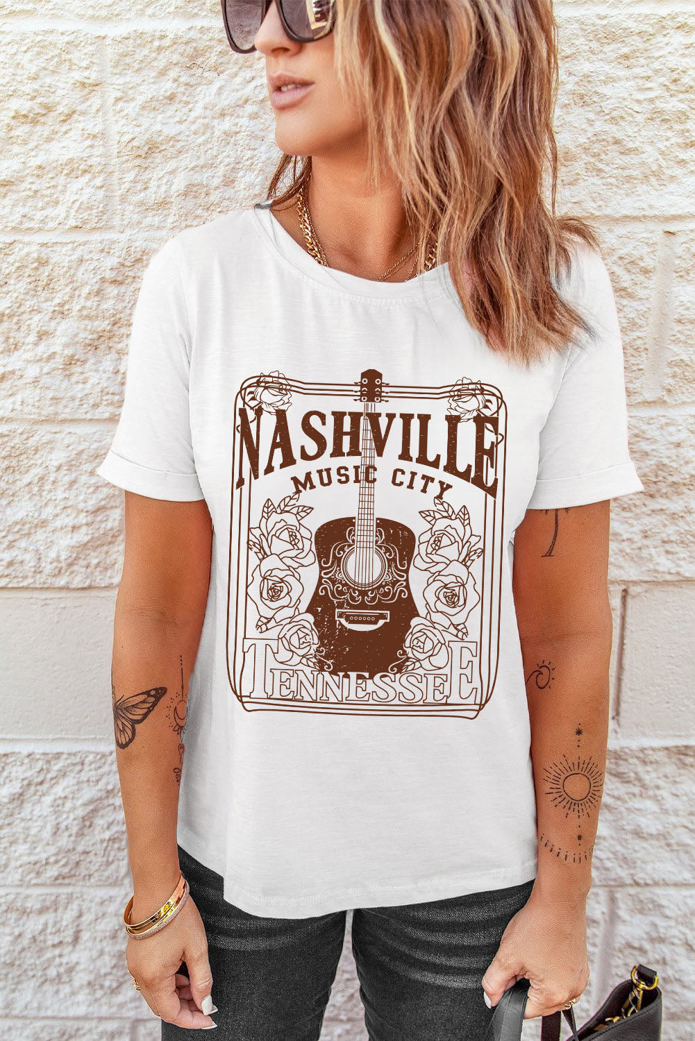 White NASHVILLE MUSIC CITY Graphic Crew Neck Tee