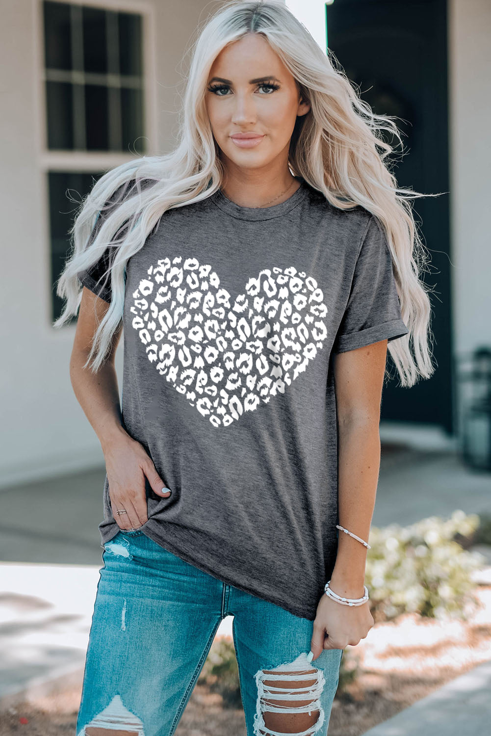 Gray Leopard Kiss Print Valentines Heart Graphic Tee