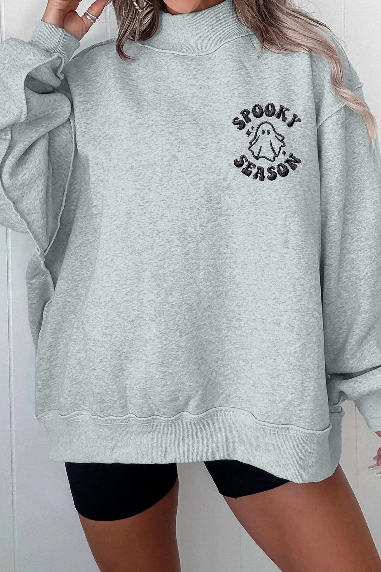 Gray Embroidered Spooky Season Mock Neck Casual Sweatshirt - Blu Pepper Boutique