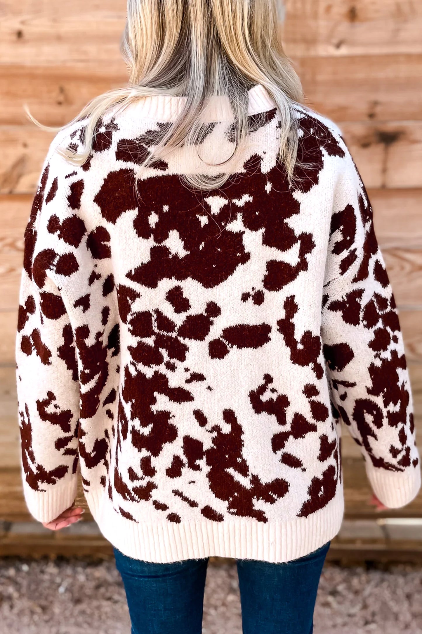 Brown Western Print Cow Pattern Long Sleeve Round Neck Pullover Knitwear Sweater - Blu Pepper Boutique