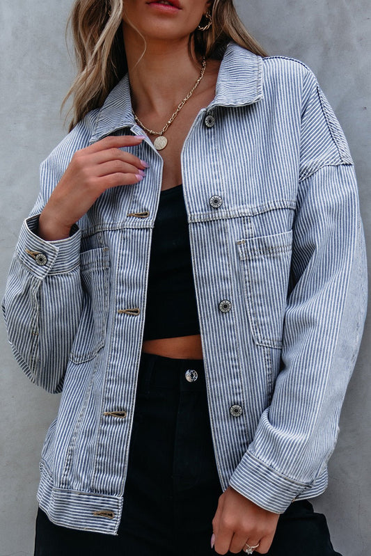 Sky Blue Stripe Washed Oversize Pocketed Denim Jacket - Blu Pepper Boutique