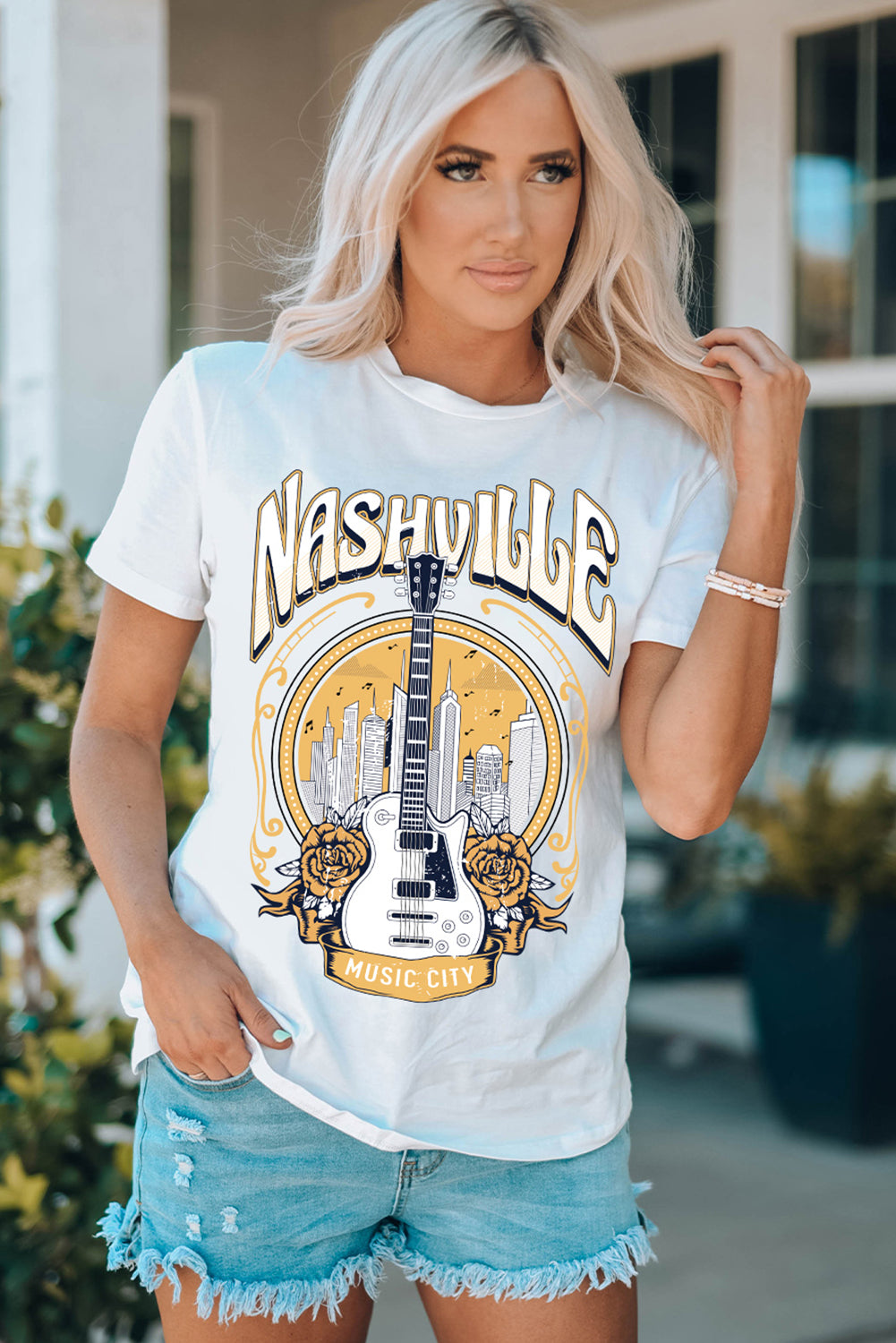 White Music City NASHVILLE Guitar Graphic T Shirt