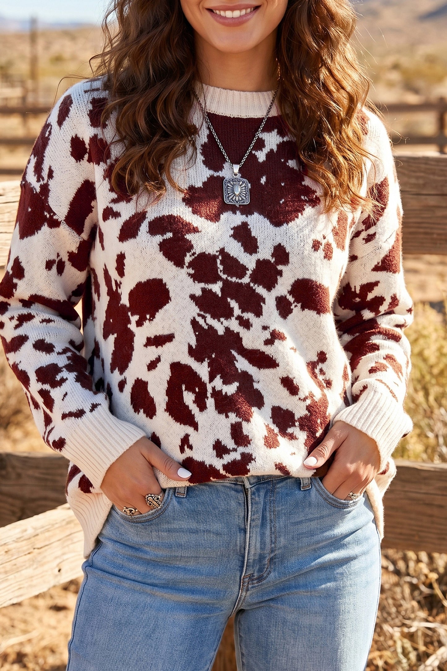 Brown Western Print Cow Pattern Long Sleeve Round Neck Pullover Knitwear Sweater - Blu Pepper Boutique