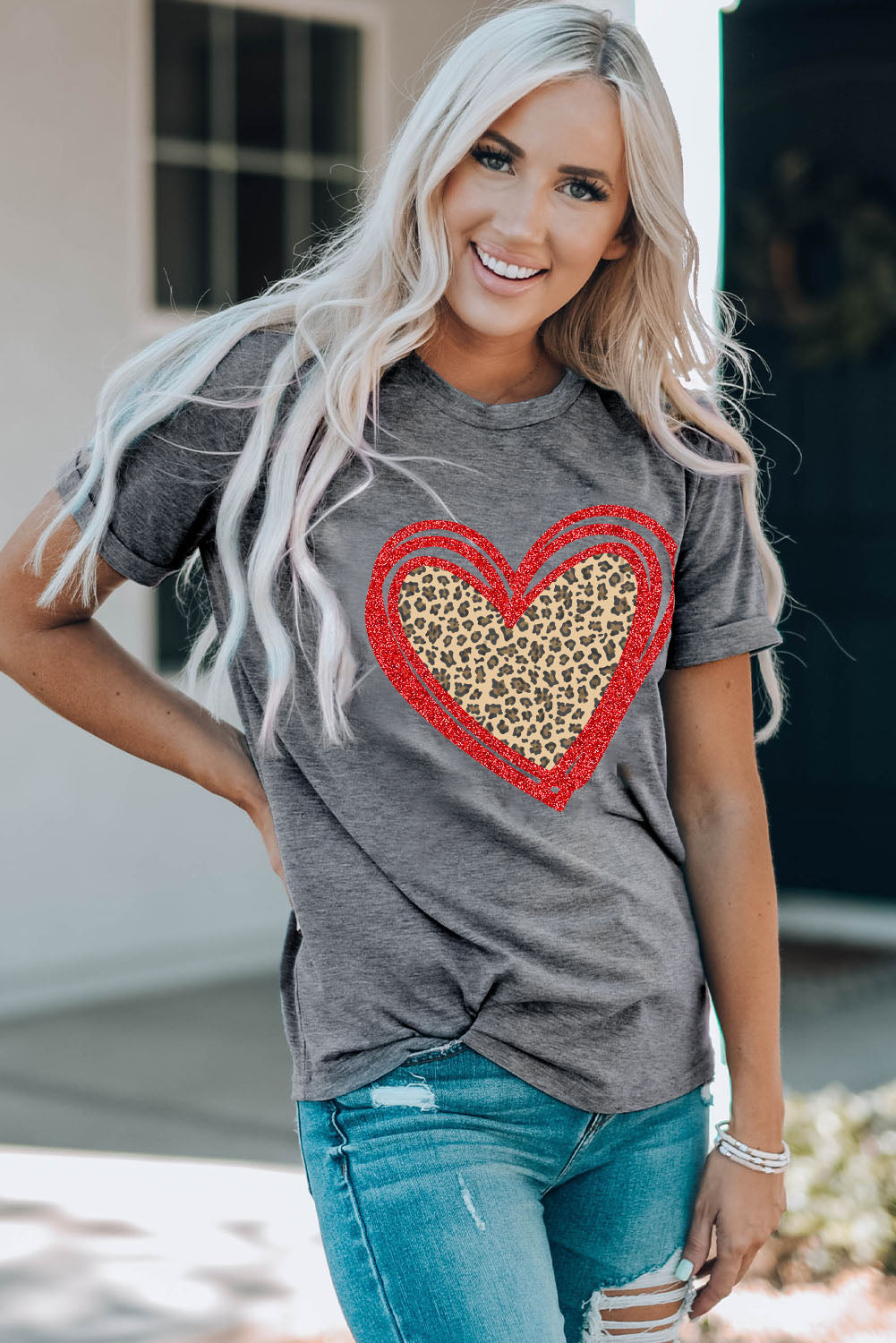 Gray Sequin Leopard Heart Graphic T-shirt