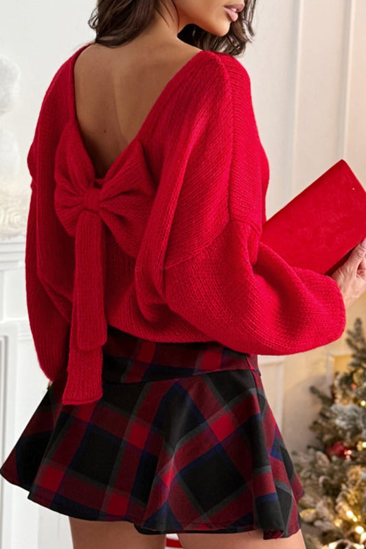 Fiery Red Festive Bow Backless Bubble Sleeve Sweater - Blu Pepper Boutique