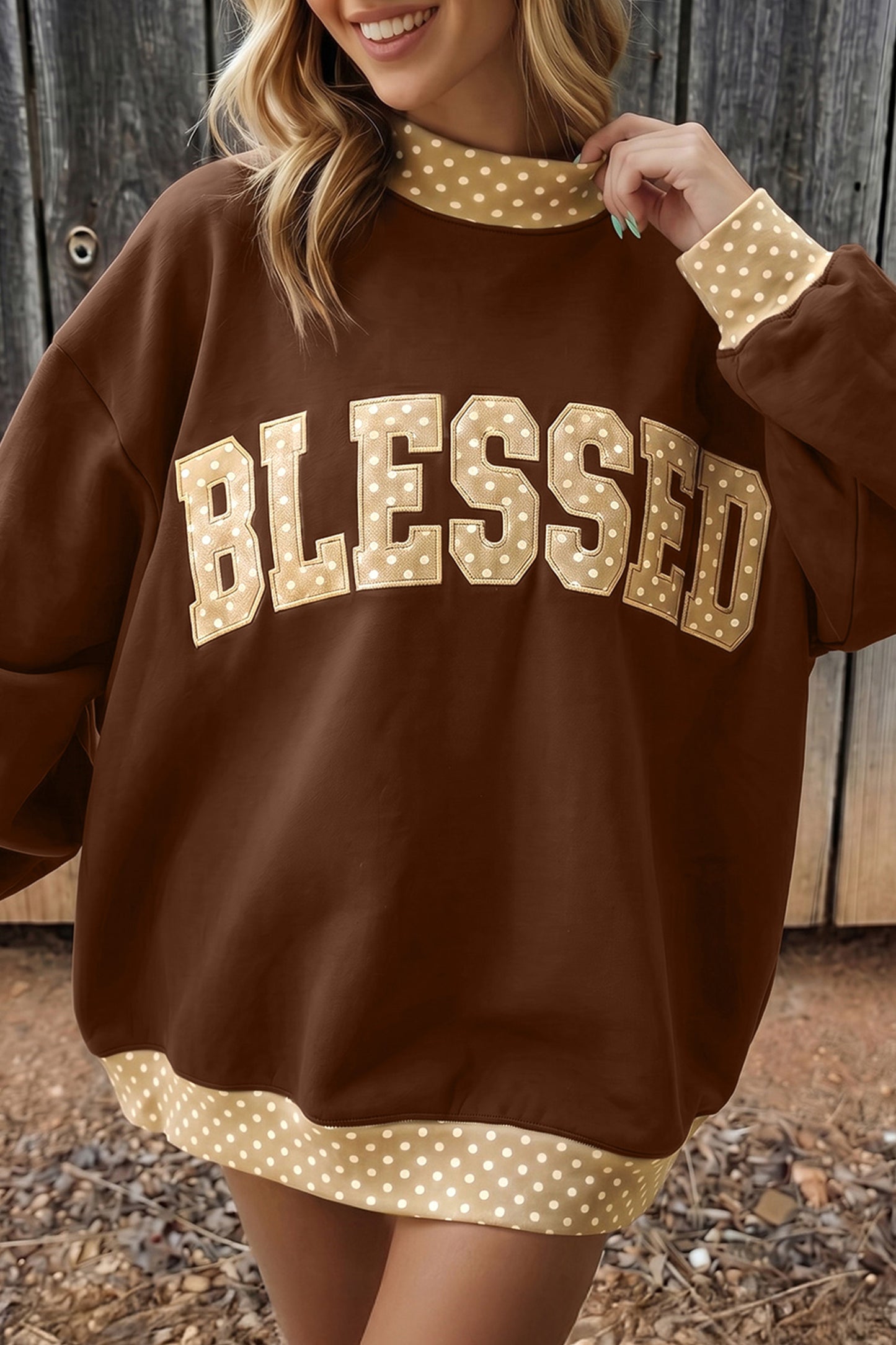 Coffee Polka Dot Trim High Neck BLESSED Letter Graphic Baggy Sweatshirt - Blu Pepper Boutique