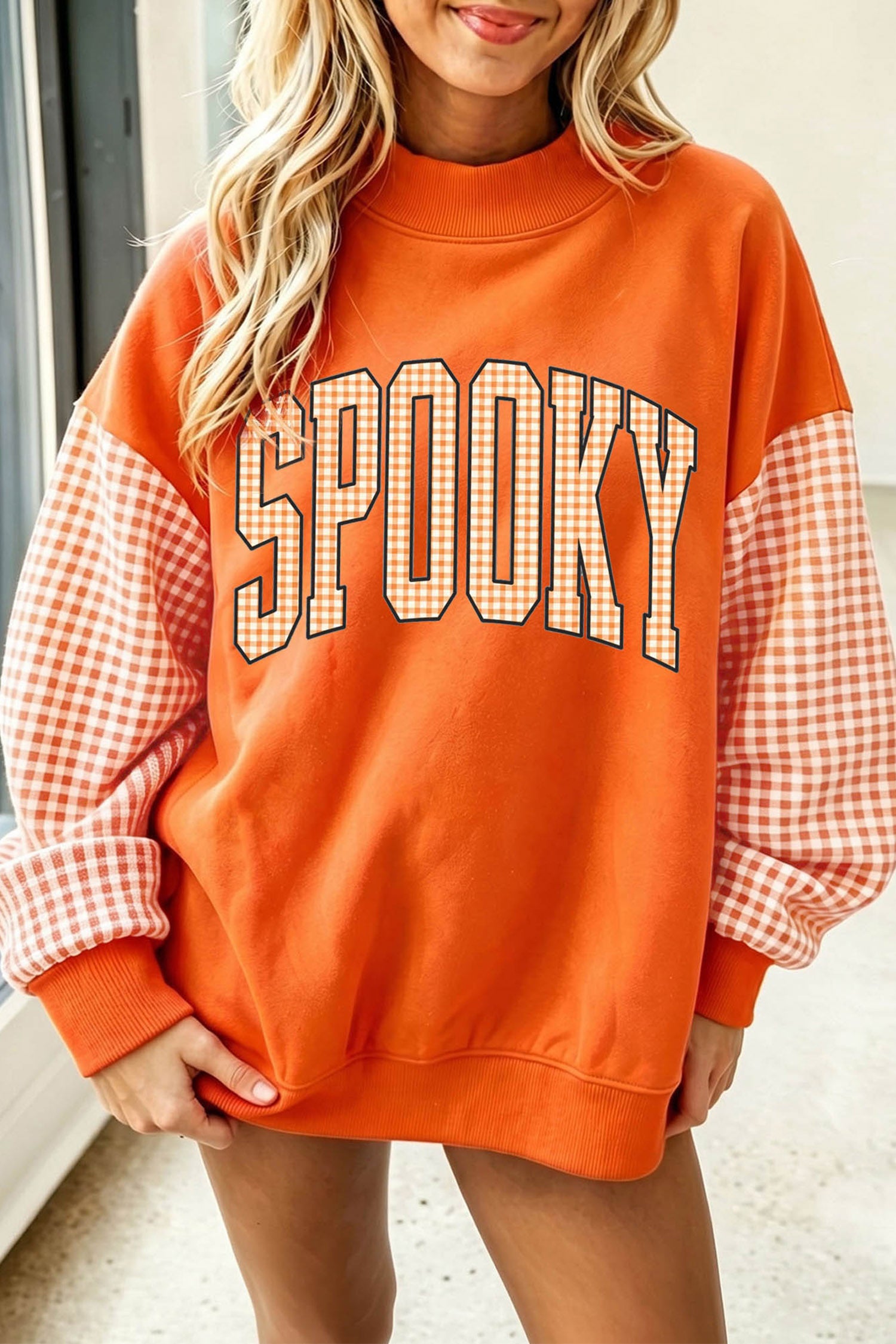 Russet Orange Plaid Contrast Sleeve SPOOKY Letter Graphic Pullover Sweatshirt - Blu Pepper Boutique