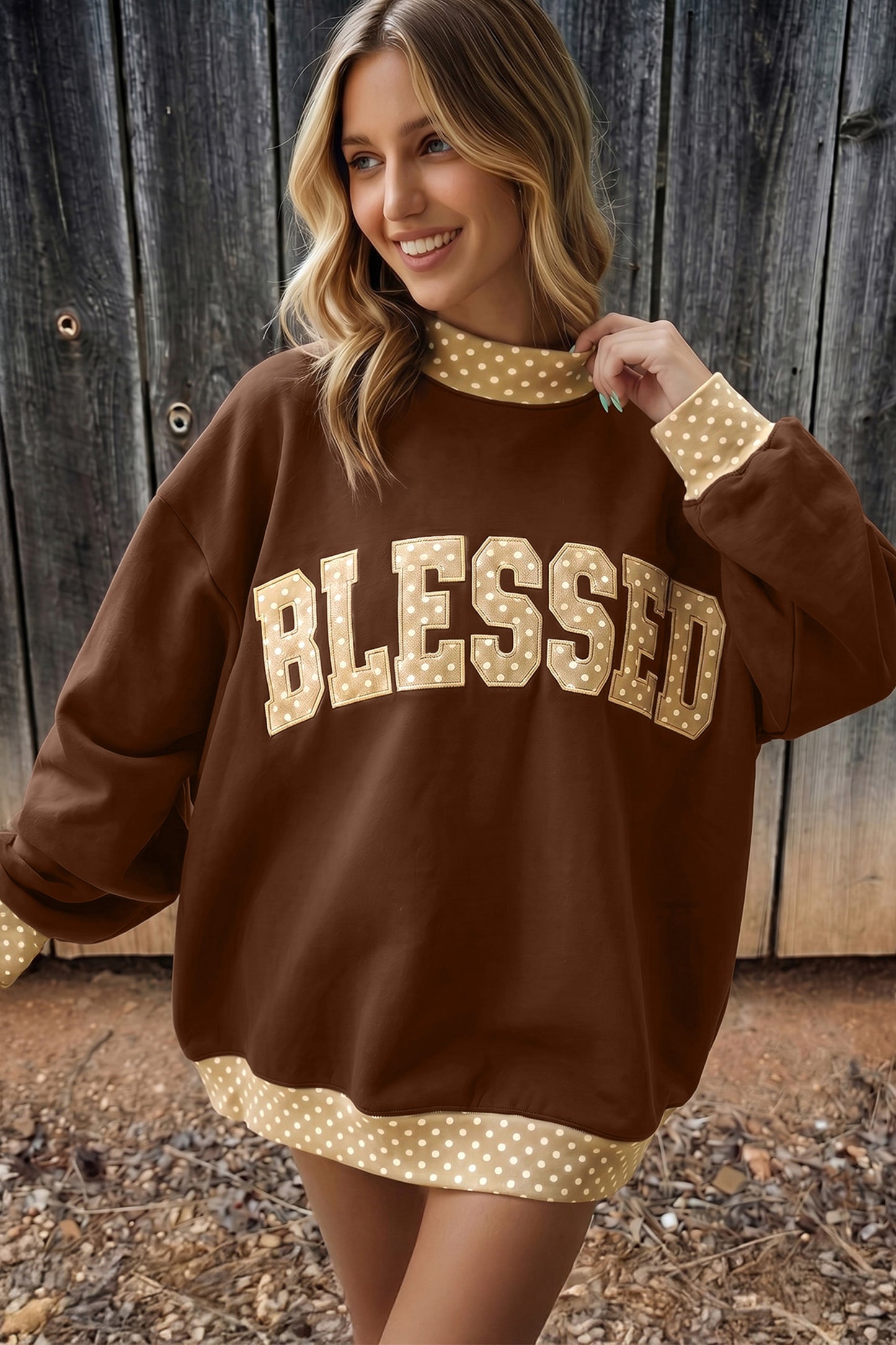 Coffee Polka Dot Trim High Neck BLESSED Letter Graphic Baggy Sweatshirt - Blu Pepper Boutique