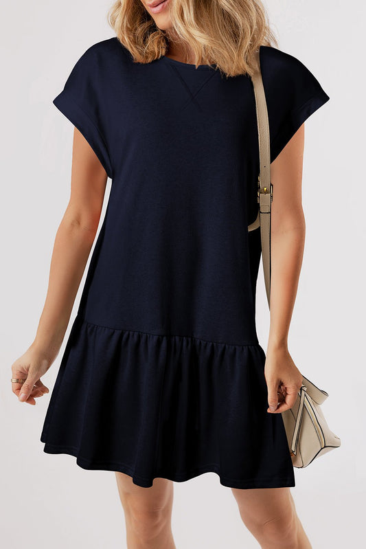 Navy Blue Solid Color Cap Sleeve Ruffle Hem Casual Short Dress - Blu Pepper Boutique