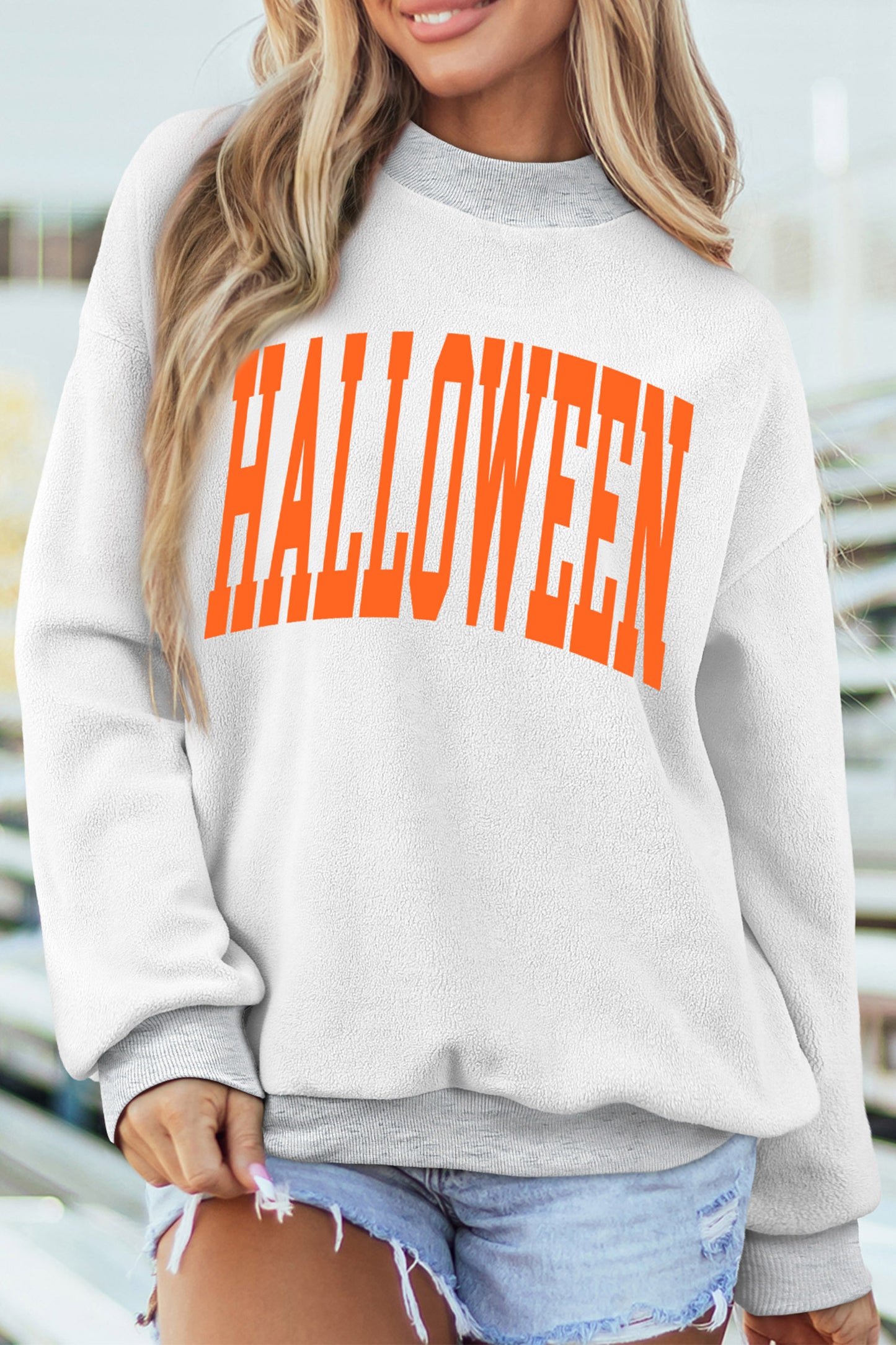 Light Grey Halloween Pumpkin Face Print Pullover Mock Neck Sweatshirt - Blu Pepper Boutique