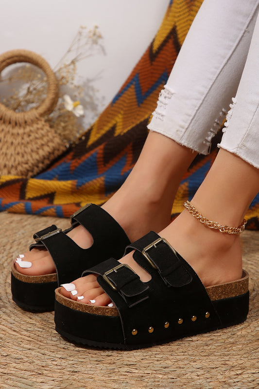 Black Suede Buckle Decor Footbed Sandal Slippers