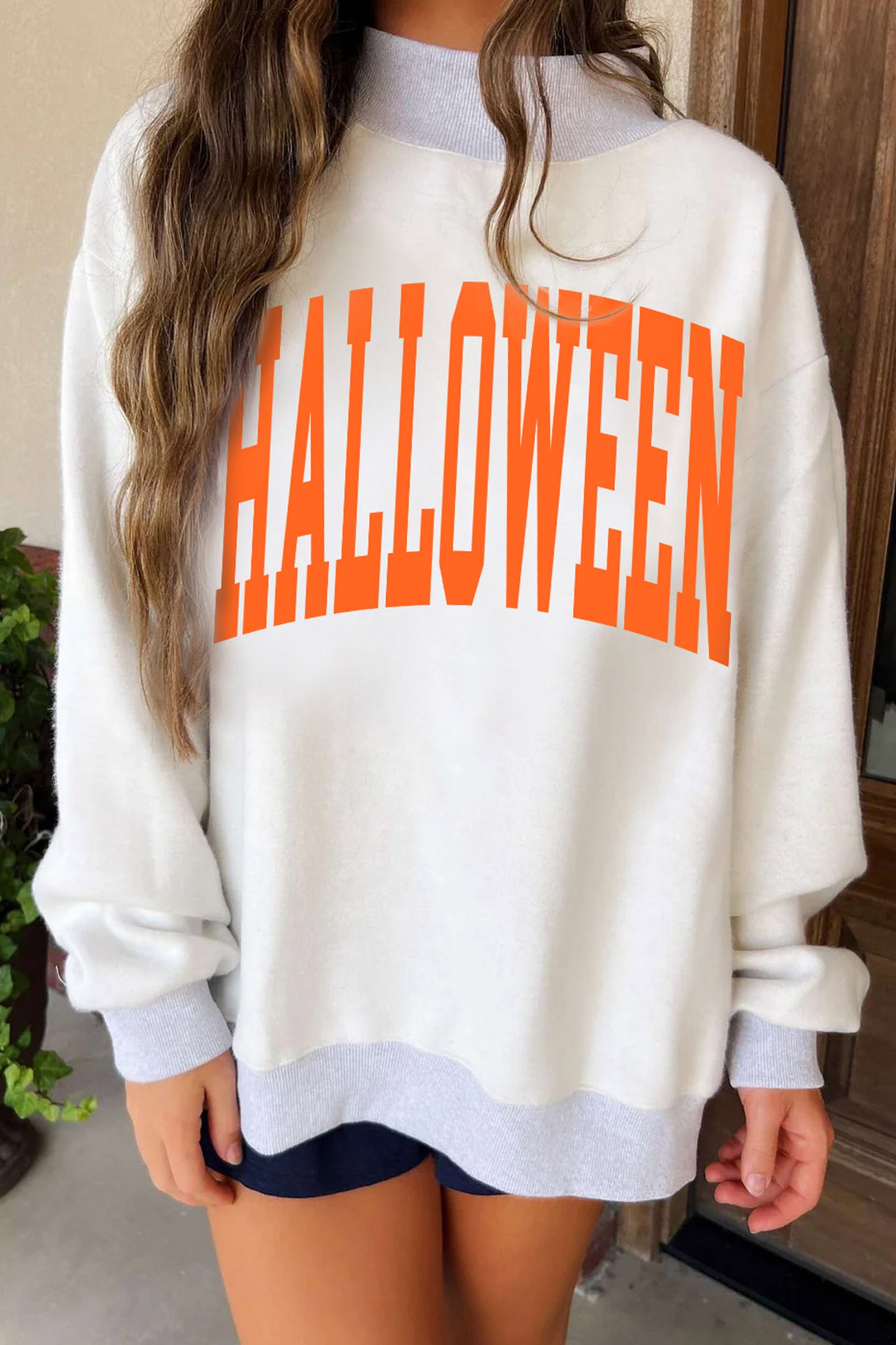 Light Grey Halloween Pumpkin Face Print Pullover Mock Neck Sweatshirt - Blu Pepper Boutique