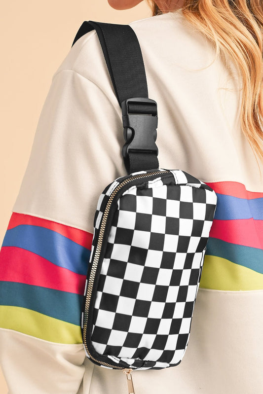 White Checkered Print Buckle Wide Belt Crossbody Bag - Blu Pepper Boutique