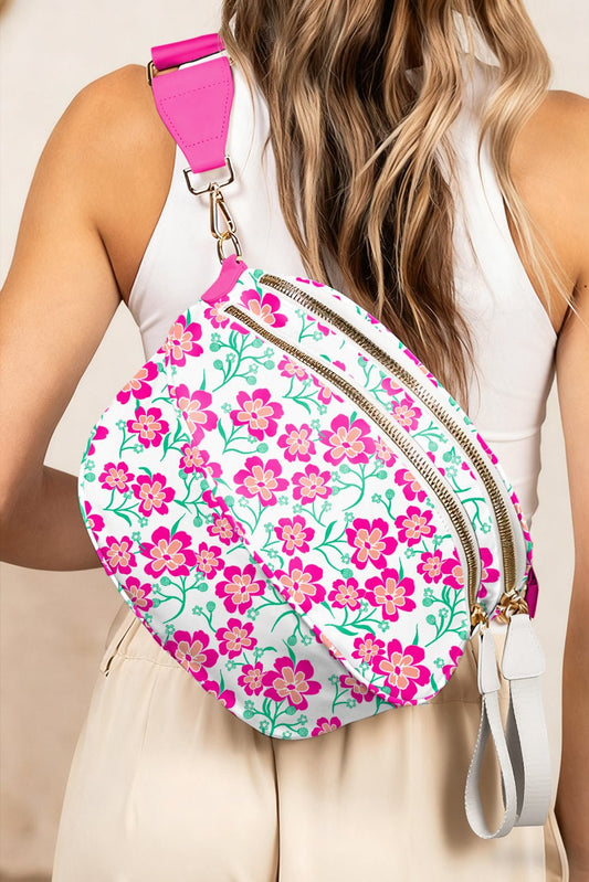 White Floral Printed Double Zip Crossbody Bag - Blu Pepper Boutique