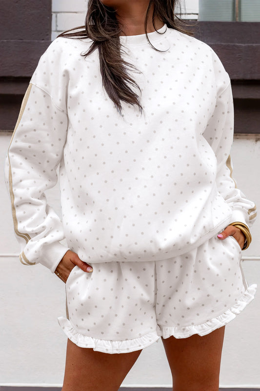 White Polka Dot Print Side Stripe Detail Casual Sweatshirt 2pcs Short Set - Blu Pepper Boutique