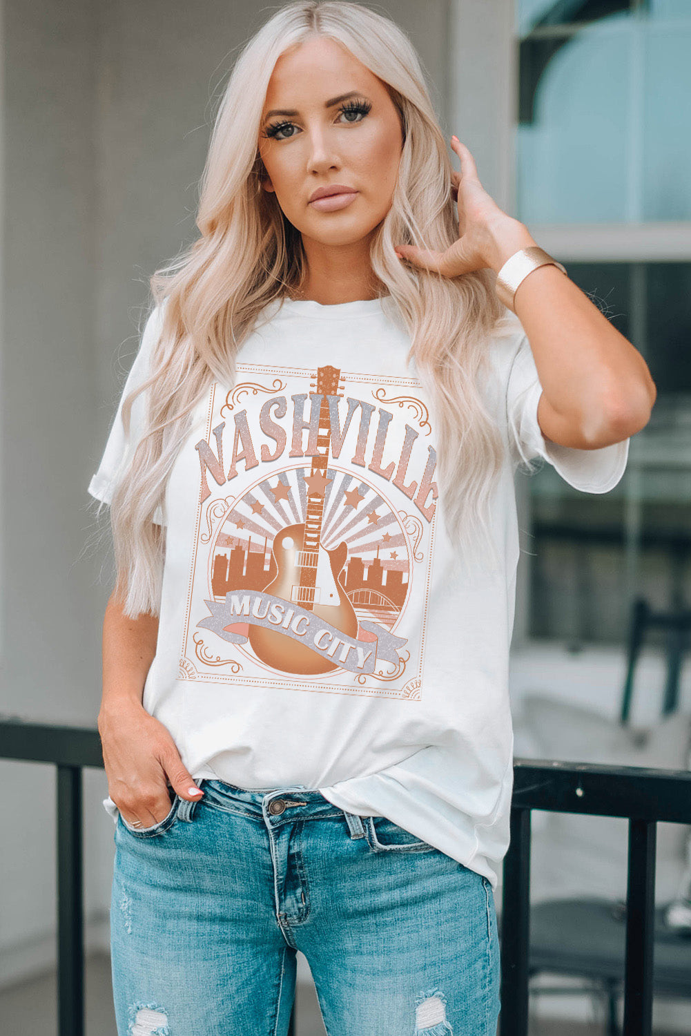 White MUSIC CITY NASHVILLE Graphic T Shirt