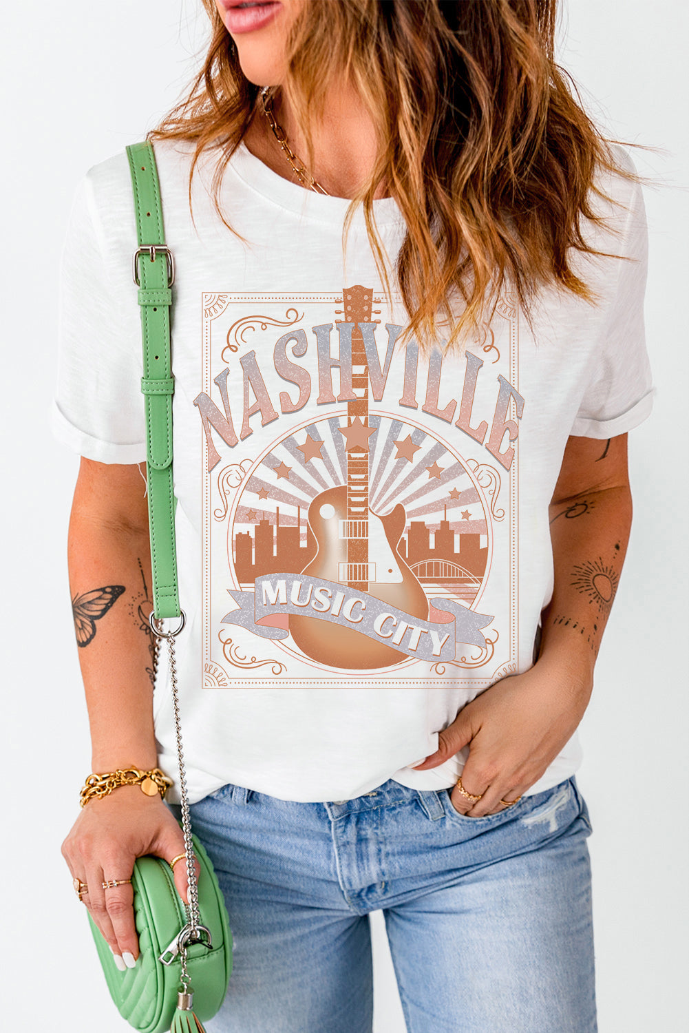 White MUSIC CITY NASHVILLE Graphic T Shirt