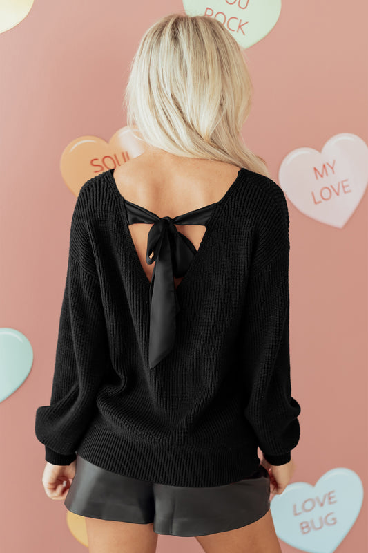 Black Ribbed Knit Ribbon Knot Backless Drop Shoulder Sweater - Blu Pepper Boutique