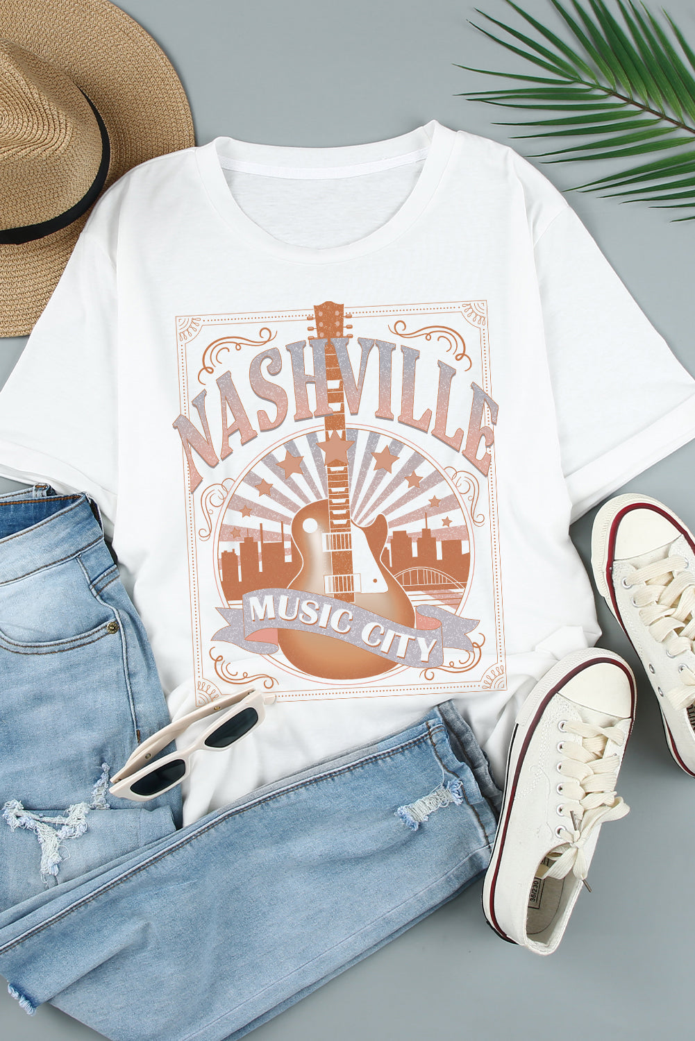 White MUSIC CITY NASHVILLE Graphic T Shirt