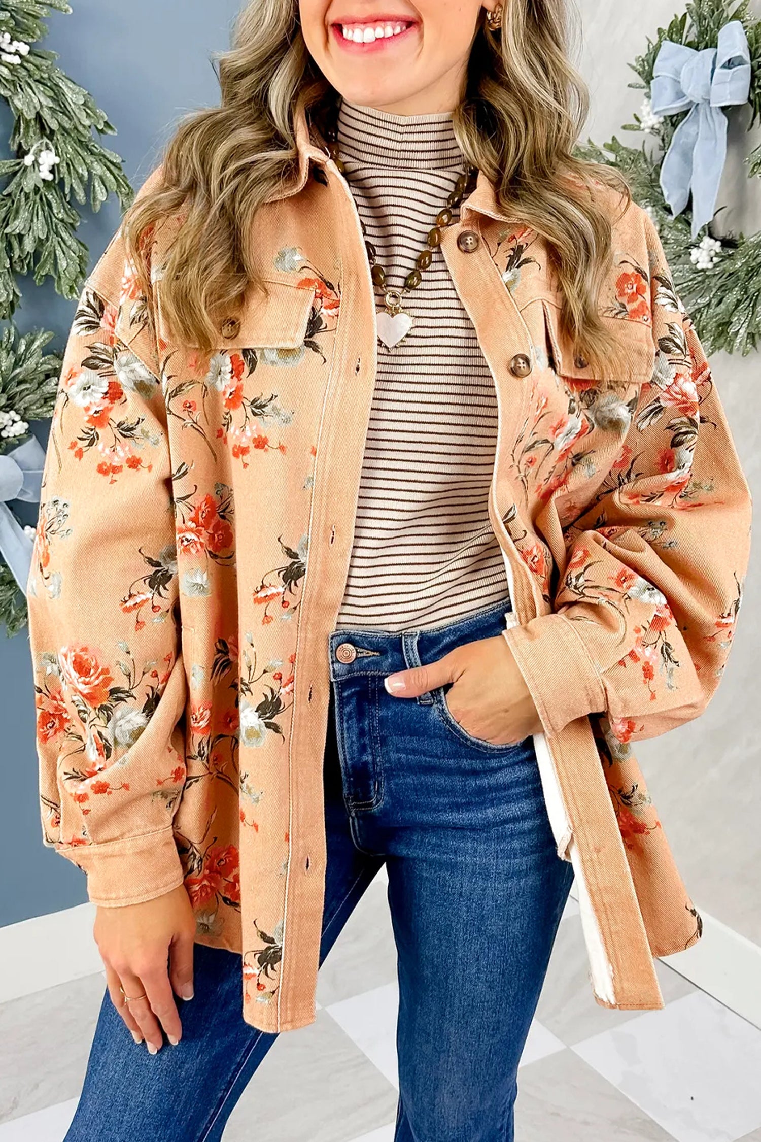 Khaki Floral Print Long Sleeve Denim Jacket Shift Silhouette Tunic Length Casual Daily Wear - Blu Pepper Boutique