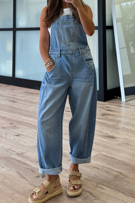 Dusk Blue Adjustable Buckle Barrel Denim Overalls - Blu Pepper Boutique