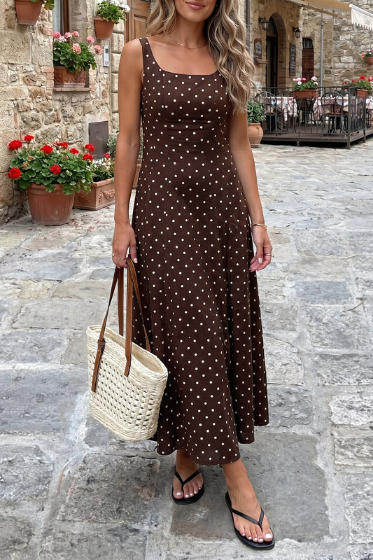 Brown Polka Dot Print Square Neck Sleeveless Vacation Long Dress - Blu Pepper Boutique