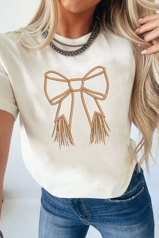 White Tassel Bowknot Embroidered Graphic Print Western Round Neck T Shirt - Blu Pepper Boutique