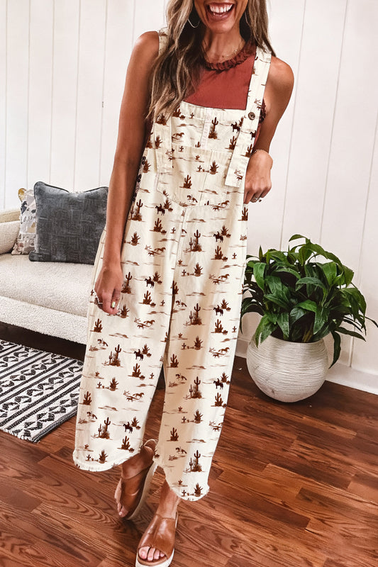 Beige Western Printed Button Adjustable Straps Loose Jumpsuit Dungarees - Blu Pepper Boutique
