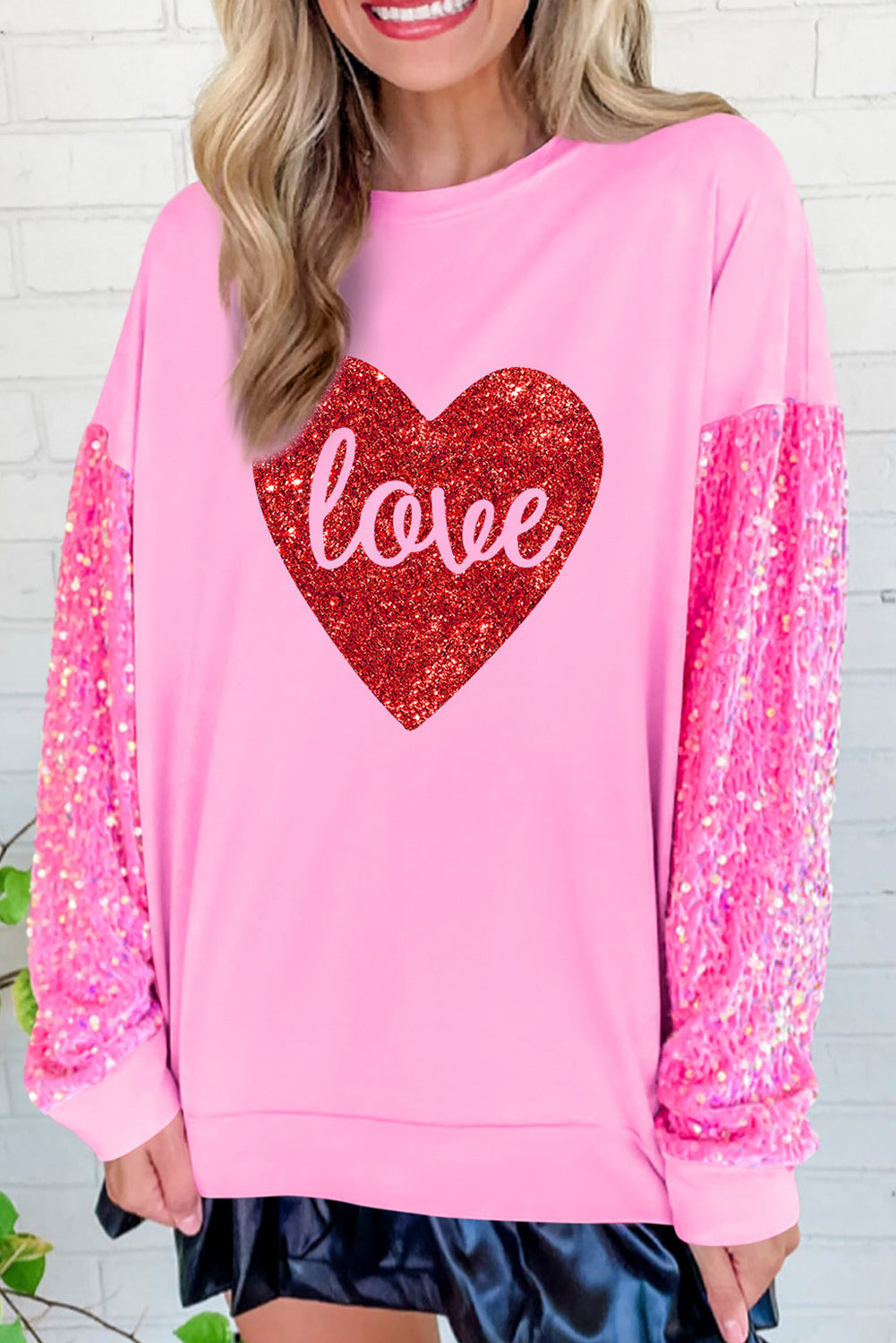 Pink Shiny Heart Shape love Print Sequined Sleeve Top
