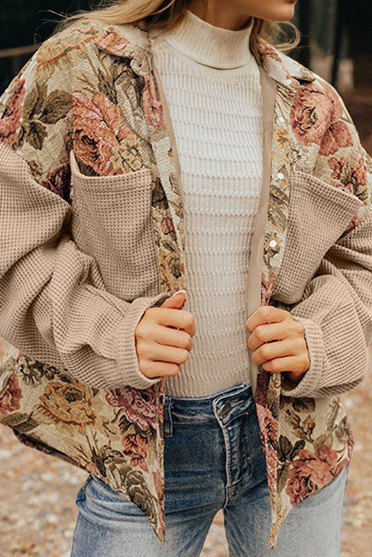 Khaki Floral Waffle Knit Patchwork Chest Pockets Buttoned Jacket - Blu Pepper Boutique