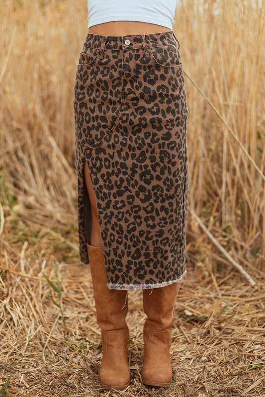 Brown Leopard Print Side Split Frayed Hem Denim Midi Skirt - Blu Pepper Boutique
