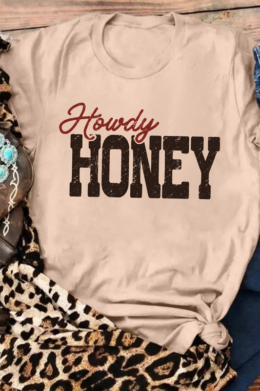 Khaki Howdy HONEY Western Print Letter Casual Graphic T-Shirt - Blu Pepper Boutique