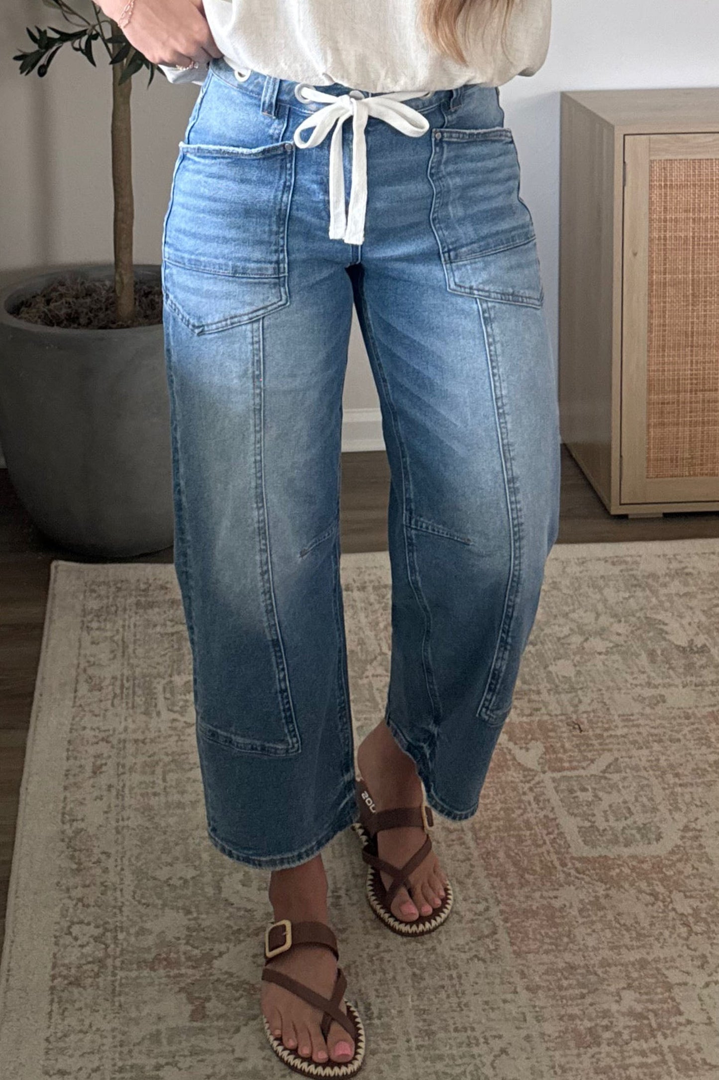 Beau Blue Solid Patchwork Grommet Tie Waist Loose Ankle-Length Jeans - Blu Pepper Boutique