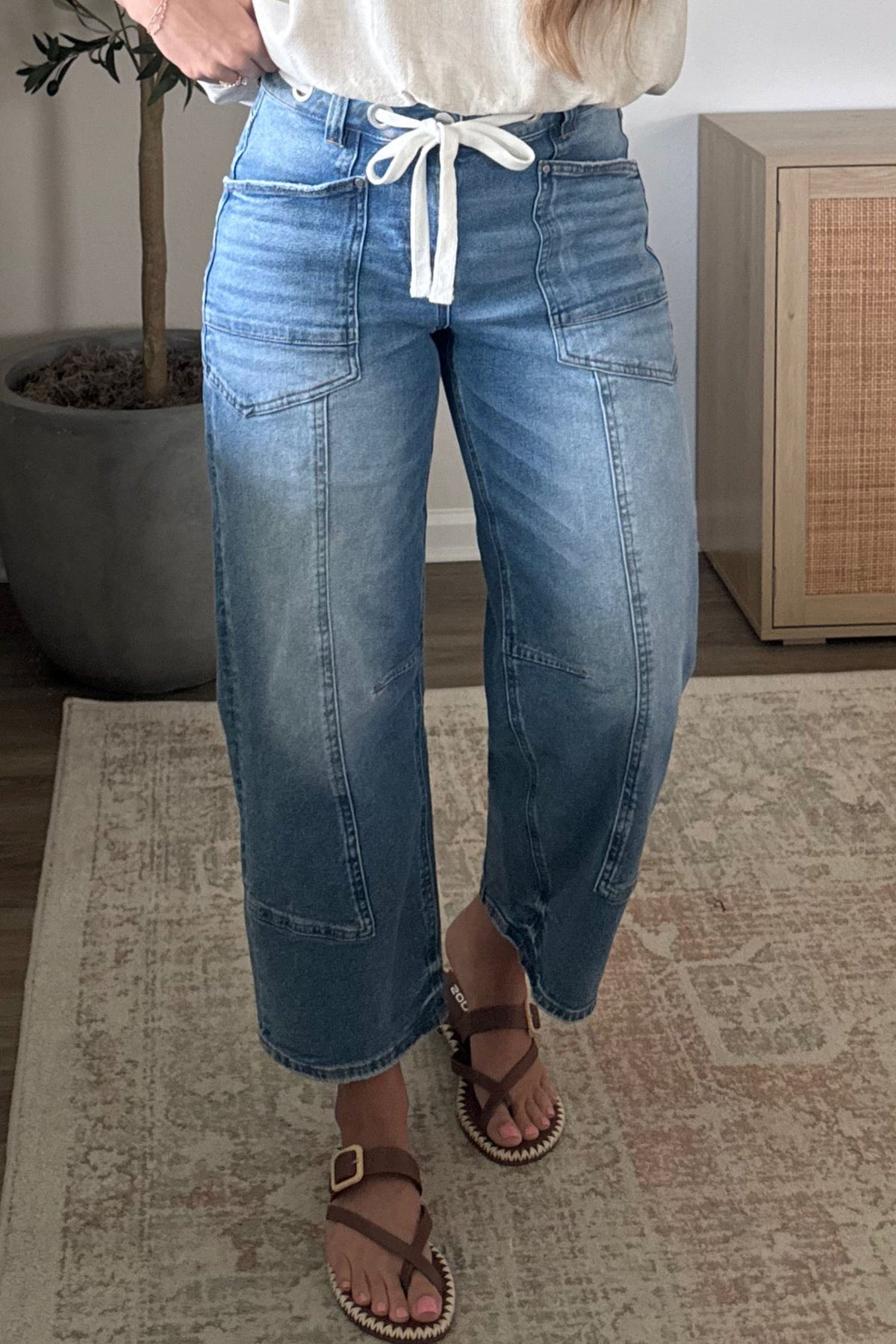Beau Blue Solid Patchwork Grommet Tie Waist Loose Ankle-Length Jeans - Blu Pepper Boutique