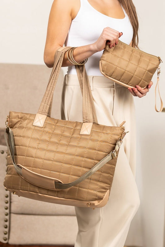 Camel Quiled Patchwork Large Tote Bag and Clutch 2pcs Set - Blu Pepper Boutique