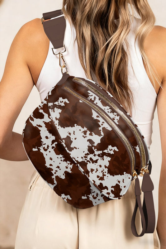 Coffee Cow Spots Printed Double Zip Crossbody Bag - Blu Pepper Boutique