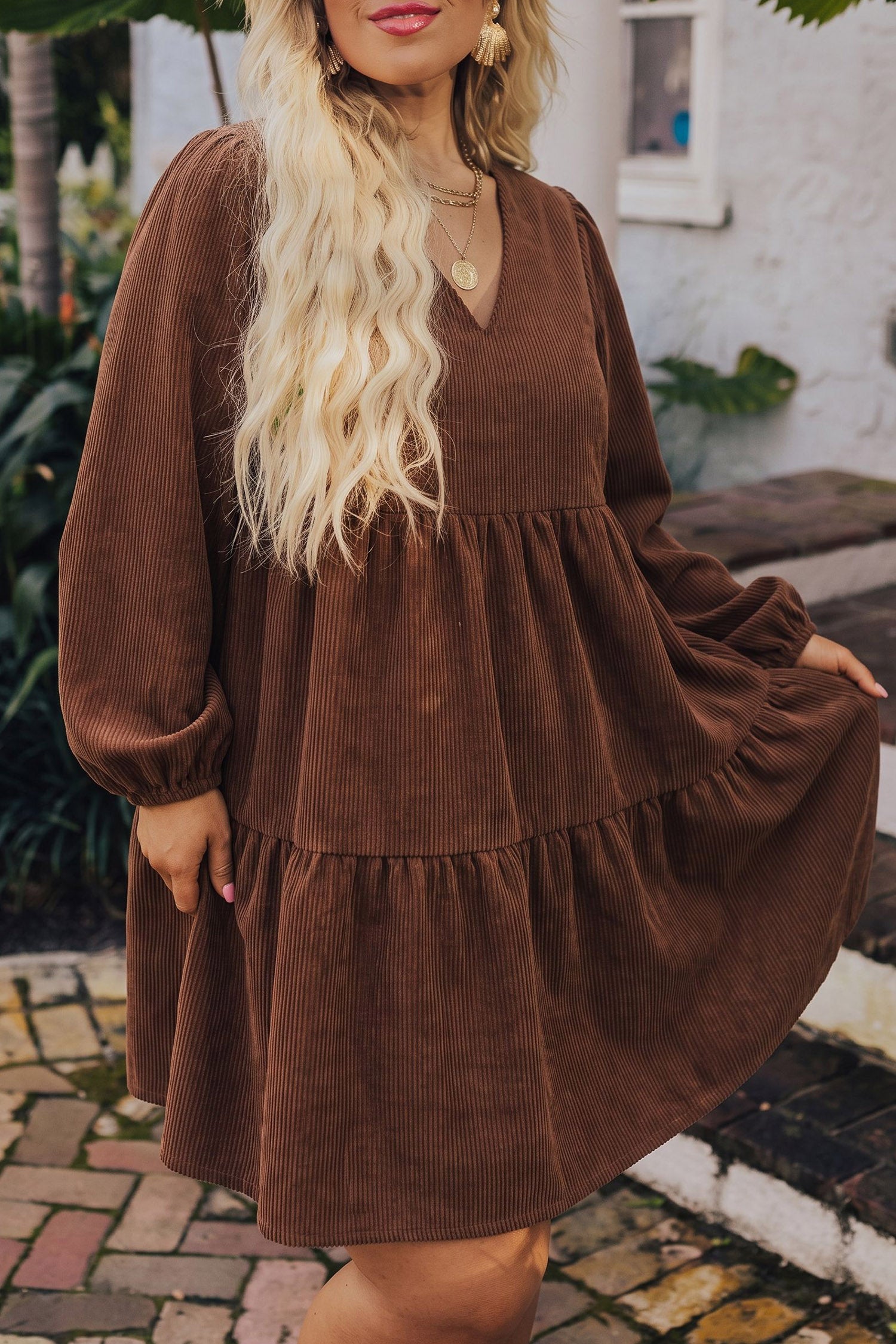 Coffee Winter Corduroy V Neck Long Sleeve Plus Size Mini Dress - Blu Pepper Boutique