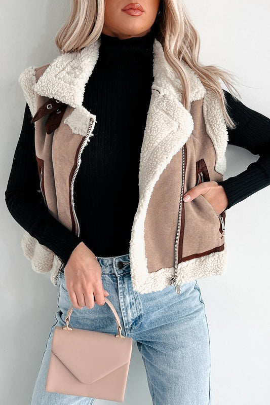 Dark Khaki Sherpa Lined Faux Suede Lapel Collar Vest - Blu Pepper Boutique