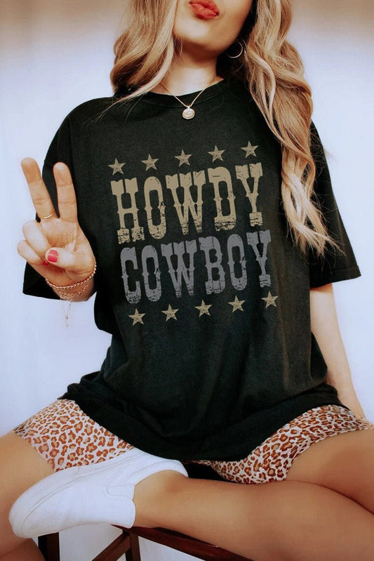 Black HOWDY COWBOY Star Print Crew Neck Loose T Shirt - Blu Pepper Boutique