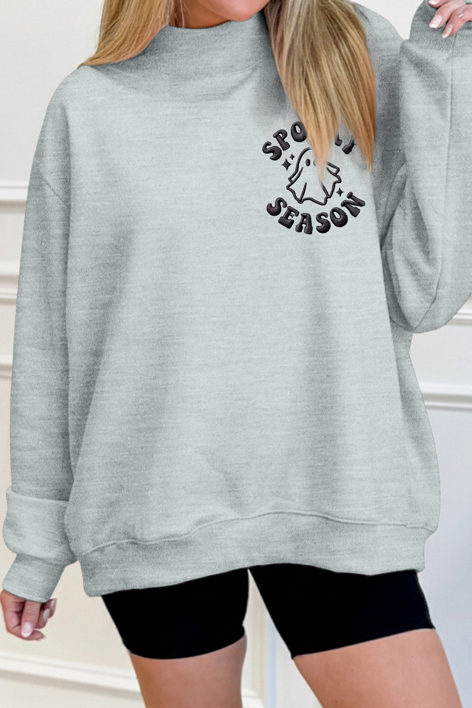 Gray Embroidered Spooky Season Mock Neck Casual Sweatshirt - Blu Pepper Boutique