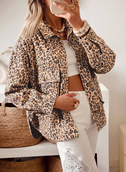 Khaki Leopard Print Collar Long Sleeve Patch Pocket Shift Denim Jacket - Blu Pepper Boutique