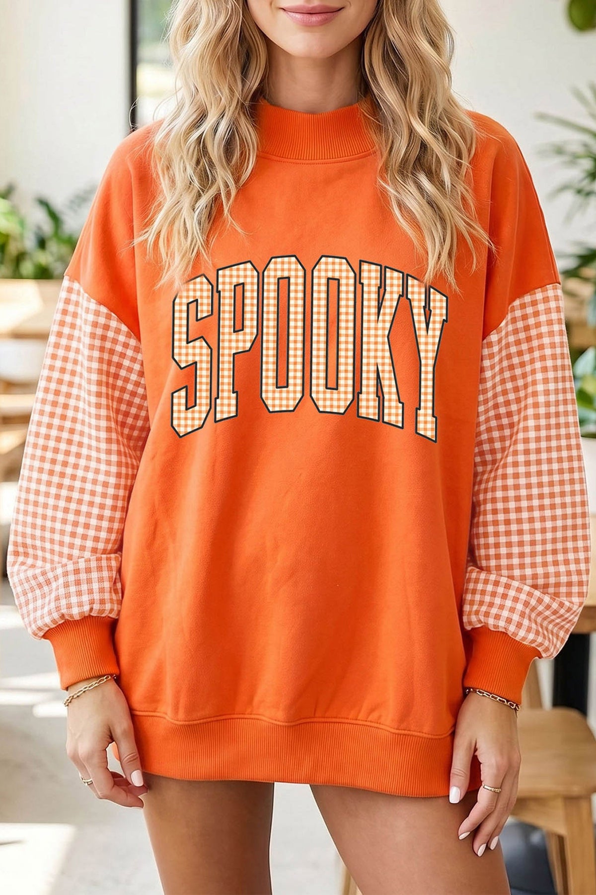 Russet Orange Plaid Contrast Sleeve SPOOKY Letter Graphic Pullover Sweatshirt - Blu Pepper Boutique