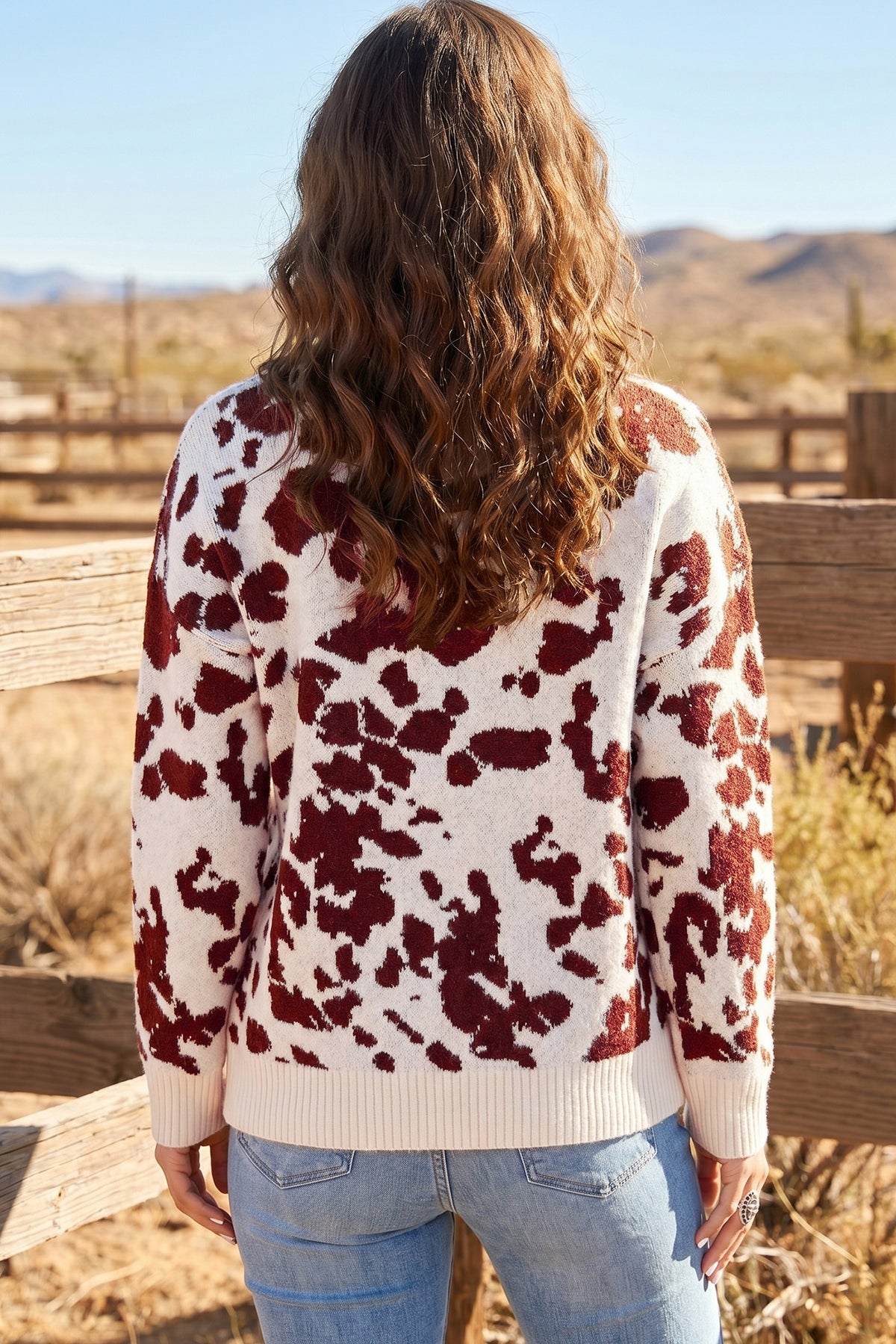 Brown Western Print Cow Pattern Long Sleeve Round Neck Pullover Knitwear Sweater - Blu Pepper Boutique