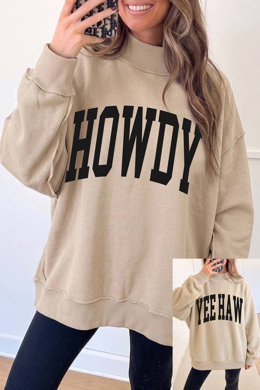 Apricot HOWDY/ YEEHAW Double Side Printed Mock Neck Western Reversible Sweatshirt - Blu Pepper Boutique