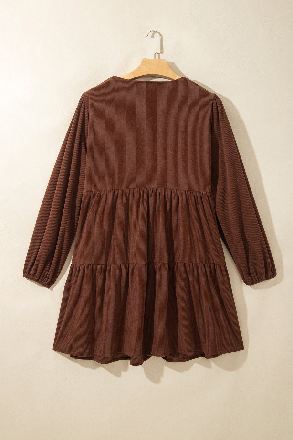 Coffee Winter Corduroy V Neck Long Sleeve Plus Size Mini Dress - Blu Pepper Boutique