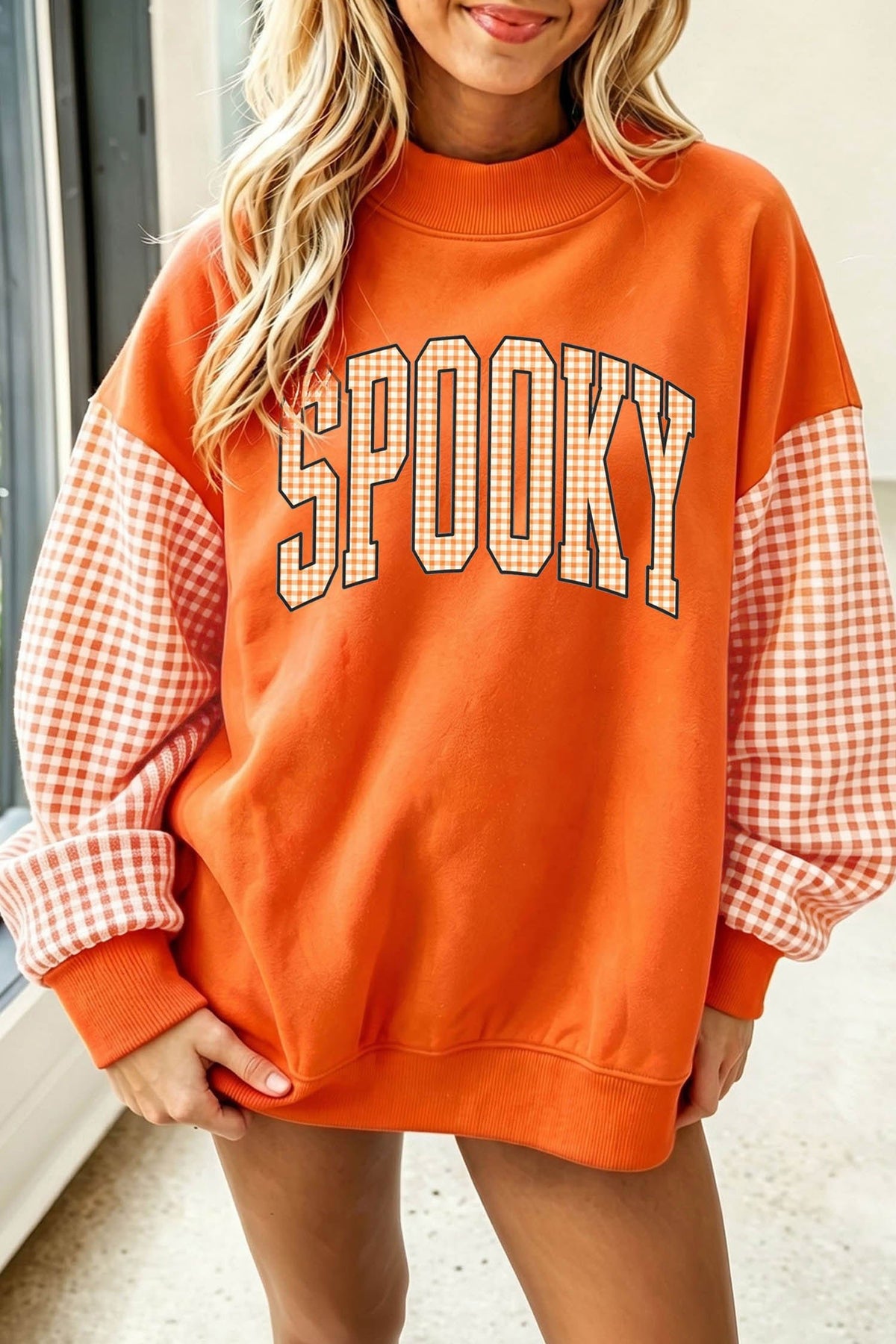 Russet Orange Plaid Contrast Sleeve SPOOKY Letter Graphic Pullover Sweatshirt - Blu Pepper Boutique